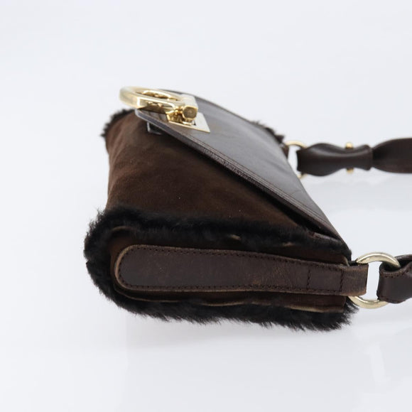 Salvatore Ferragamo Mouton Gancini Shoulder Bag Brown Gold Auth 213790A