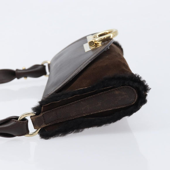 Salvatore Ferragamo Mouton Gancini Shoulder Bag Brown Gold Auth 213790A