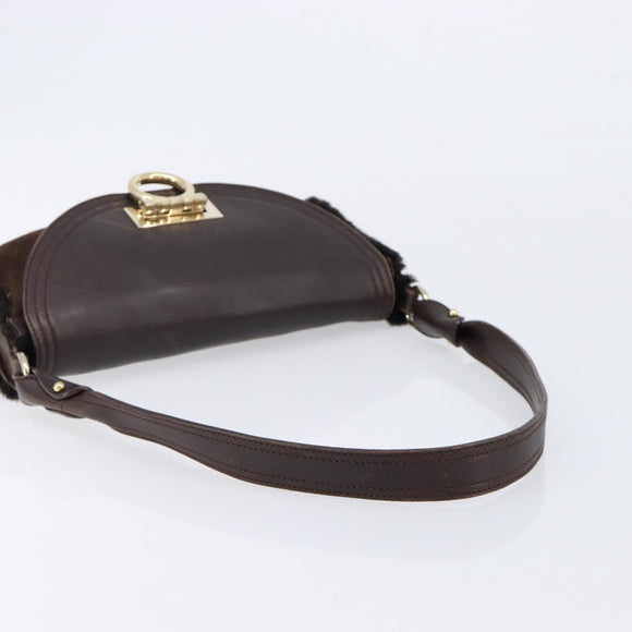 Salvatore Ferragamo Mouton Gancini Shoulder Bag Brown Gold Auth 213790A