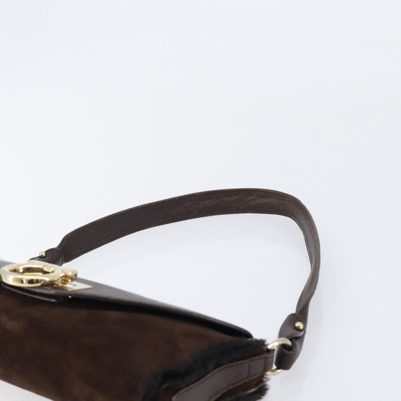 Salvatore Ferragamo Mouton Gancini Shoulder Bag Brown Gold Auth 213790A