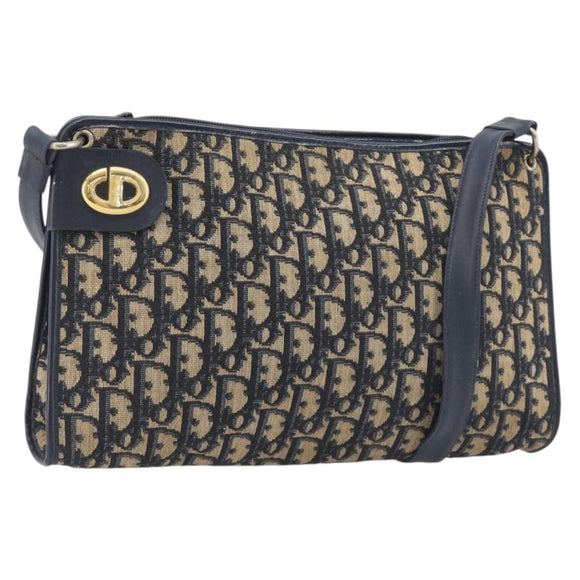 Christian Dior Trotter Canvas Shoulder Bag Navy Gold Auth 213791