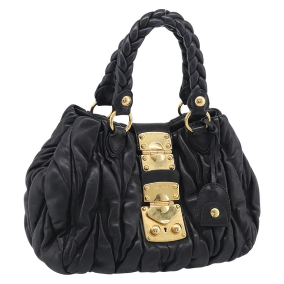 Miu Miu Matelasse Hand Bag Leather Black Gold Tone Auth 213792V