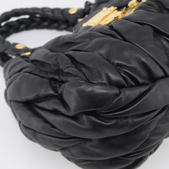 Miu Miu Matelasse Hand Bag Leather Black Gold Tone Auth 213792V