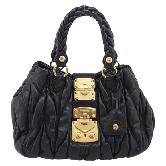 Miu Miu Matelasse Hand Bag Leather Black Gold Tone Auth 213792V