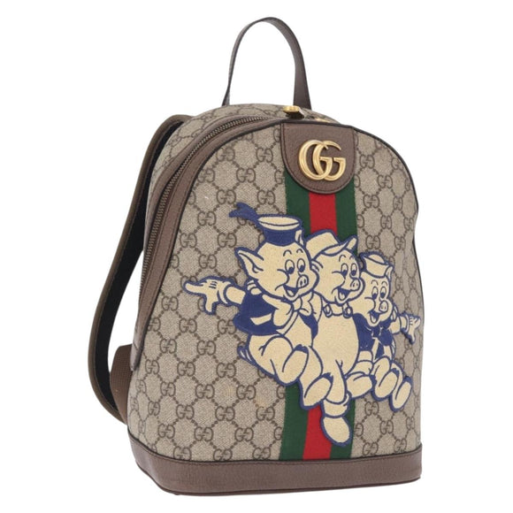 GUCCI GG Supreme Disney Three Little Pigs Backpack PVC Beige 552884 Auth 213800M