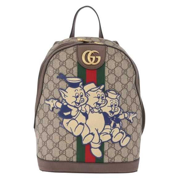 GUCCI GG Supreme Disney Three Little Pigs Backpack PVC Beige 552884 Auth 213800M