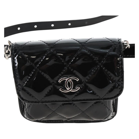 CHANEL Matelasse In Love Belt Bag Waist Bag Patent Black Silver CC Auth 213810SM