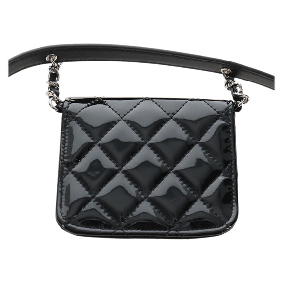 CHANEL Matelasse In Love Belt Bag Waist Bag Patent Black Silver CC Auth 213810SM