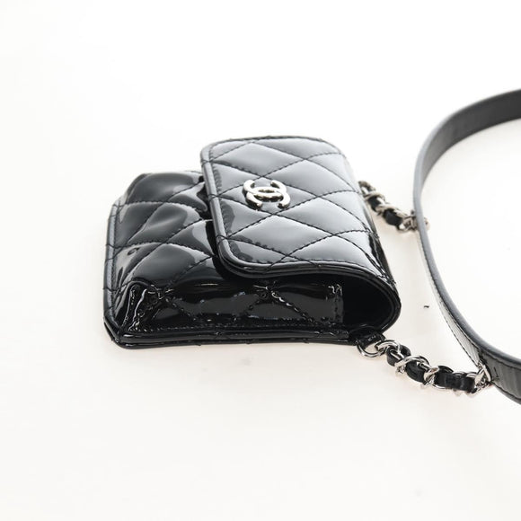 CHANEL Matelasse In Love Belt Bag Waist Bag Patent Black Silver CC Auth 213810SM