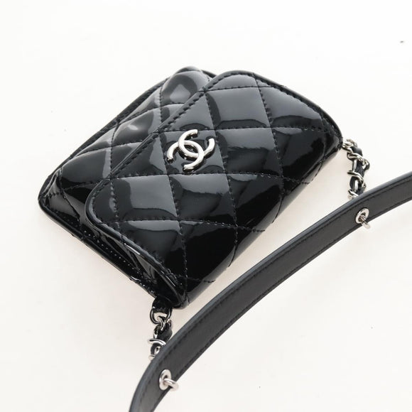 CHANEL Matelasse In Love Belt Bag Waist Bag Patent Black Silver CC Auth 213810SM