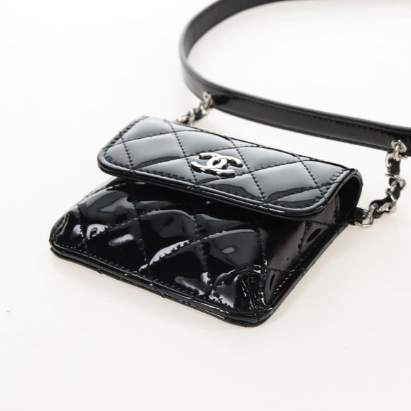 CHANEL Matelasse In Love Belt Bag Waist Bag Patent Black Silver CC Auth 213810SM