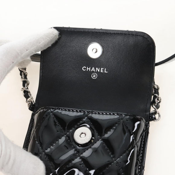 CHANEL Matelasse In Love Belt Bag Waist Bag Patent Black Silver CC Auth 213810SM