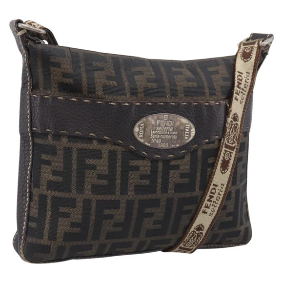 FENDI Zucca Canvas Celeria Shoulder Bag Brown Silver 8BT092 Auth 213811