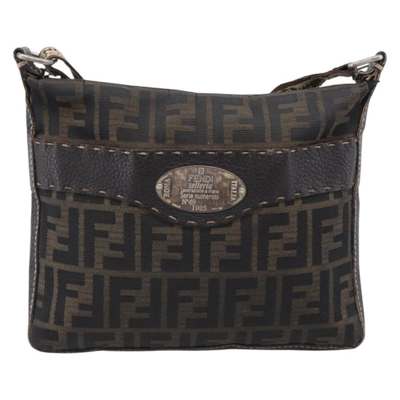 FENDI Zucca Canvas Celeria Shoulder Bag Brown Silver 8BT092 Auth 213811