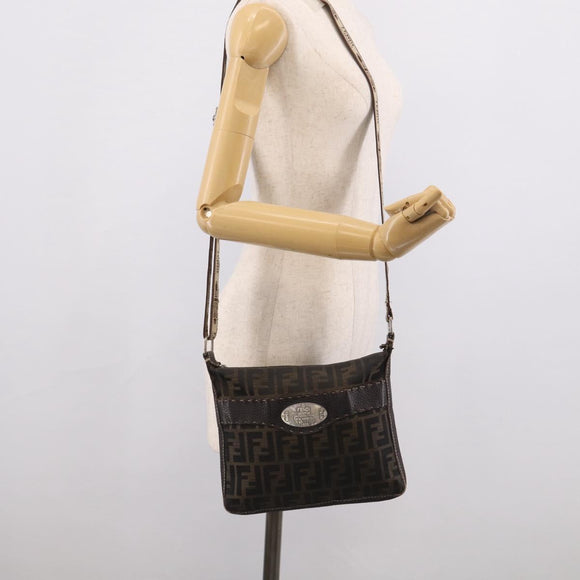 FENDI Zucca Canvas Celeria Shoulder Bag Brown Silver 8BT092 Auth 213811