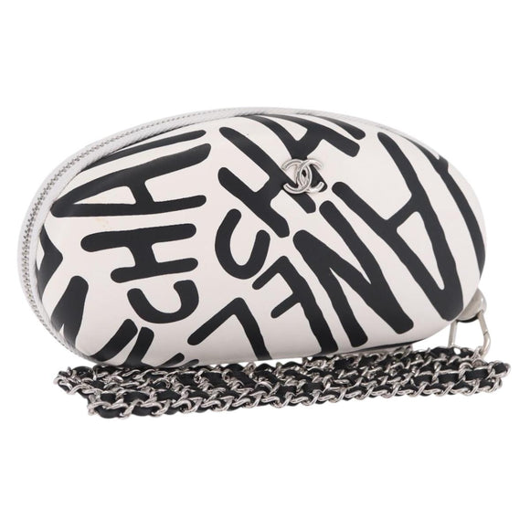 CHANEL Sunglasses Case Chain Neck Pouch Leather White Silver CC Auth 213823SAM