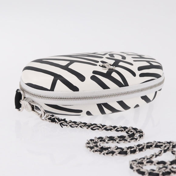 CHANEL Sunglasses Case Chain Neck Pouch Leather White Silver CC Auth 213823SAM