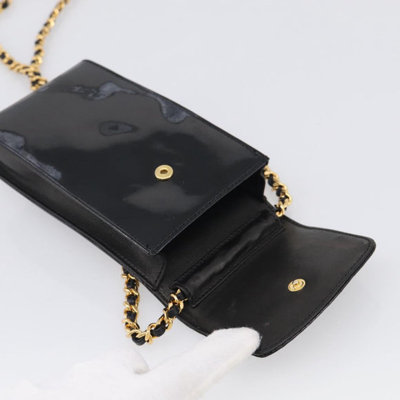 CHANEL Chain Shoulder Pouch Patent Leather Black Gold CC Auth 213890