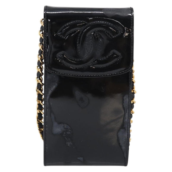 CHANEL Chain Shoulder Pouch Patent Leather Black Gold CC Auth 213890
