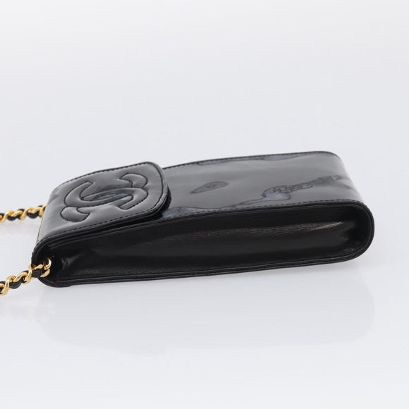 CHANEL Chain Shoulder Pouch Patent Leather Black Gold CC Auth 213890
