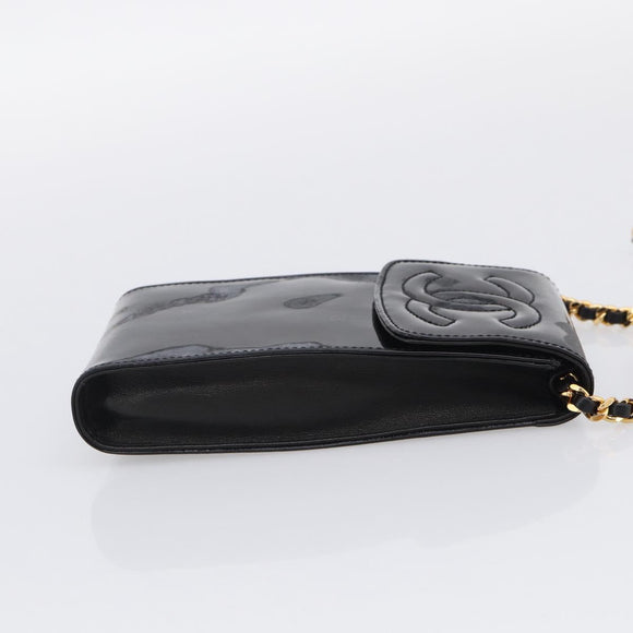 CHANEL Chain Shoulder Pouch Patent Leather Black Gold CC Auth 213890