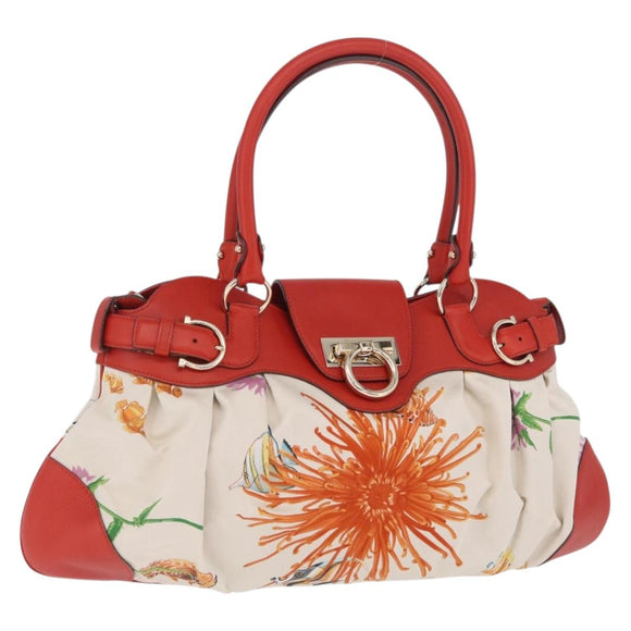 Salvatore Ferragamo Gancini Hand Bag Satin Red Gold Auth 213898V
