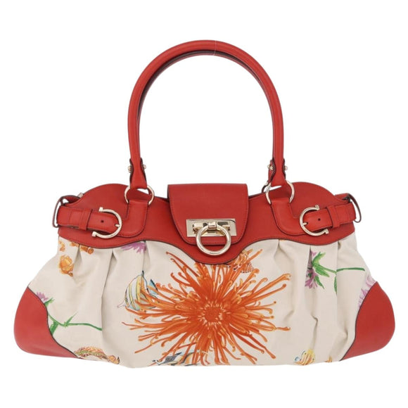 Salvatore Ferragamo Gancini Hand Bag Satin Red Gold Auth 213898V