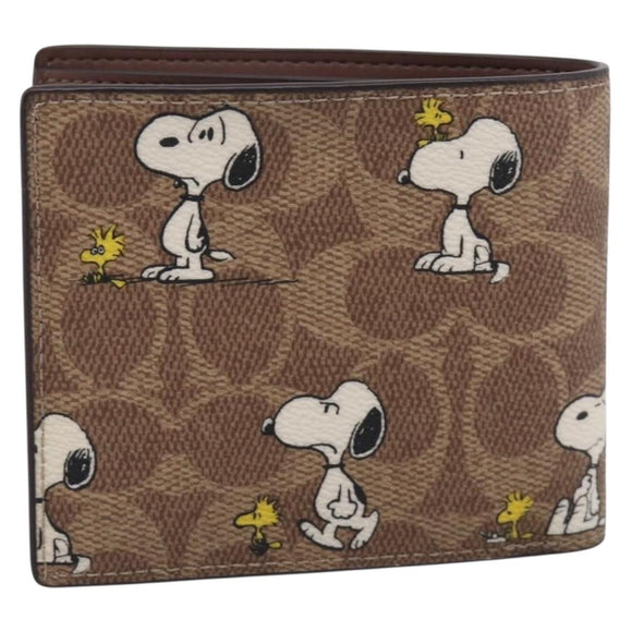 Coach Compact Wallet PEANUTS Collaboration Leather Beige Auth 213905V