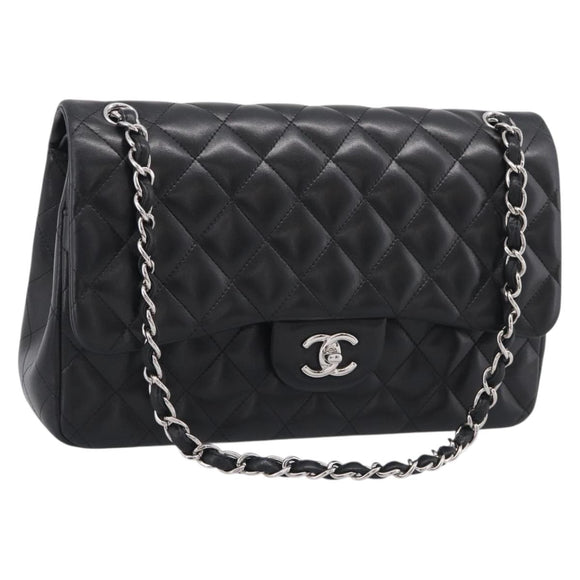 CHANEL Big Matelasse30 Chain Bag Lamb Skin Black Silver CC Auth 213916SAM