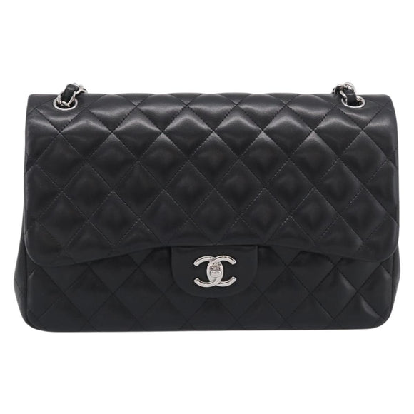 CHANEL Big Matelasse30 Chain Bag Lamb Skin Black Silver CC Auth 213916SAM