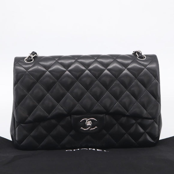 CHANEL Big Matelasse30 Chain Bag Lamb Skin Black Silver CC Auth 213916SAM