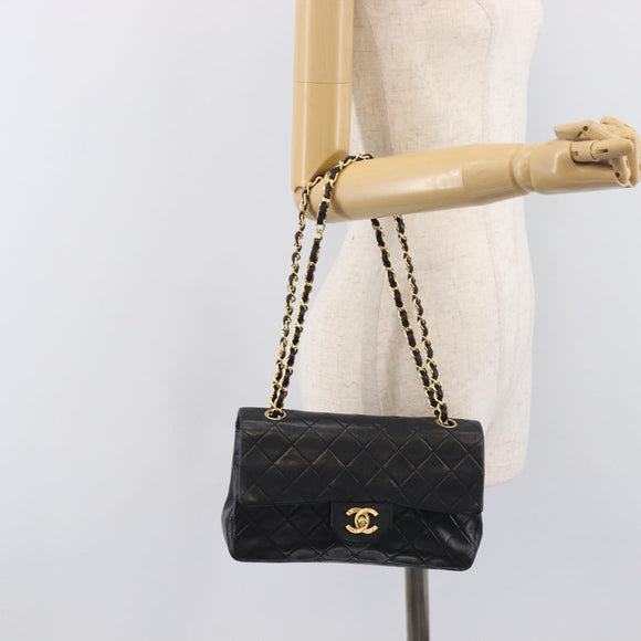 CHANEL Double Flap Chain Matelasse23 Bag Lamb Skin Black Gold CC Auth 213923SAM