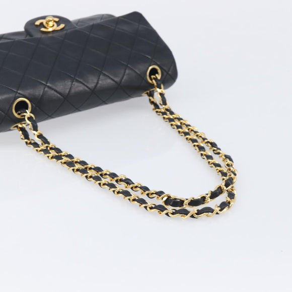 CHANEL Double Flap Chain Matelasse23 Bag Lamb Skin Black Gold CC Auth 213923SAM