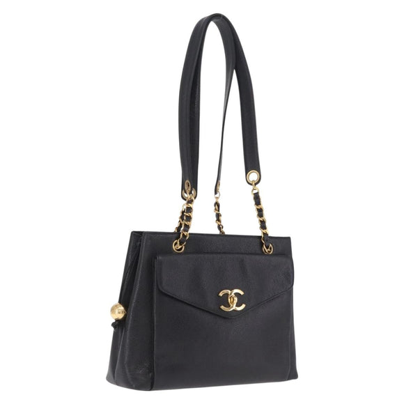 CHANEL Chain Shoulder Tote Bag Caviar Skin Black Gold CC Auth 213926V