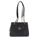 CHANEL Chain Shoulder Tote Bag Caviar Skin Black Gold CC Auth 213926V-2