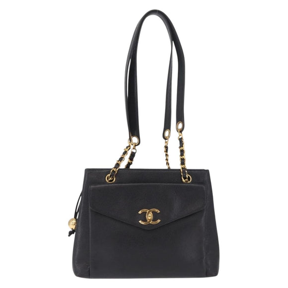 CHANEL Chain Shoulder Tote Bag Caviar Skin Black Gold CC Auth 213926V