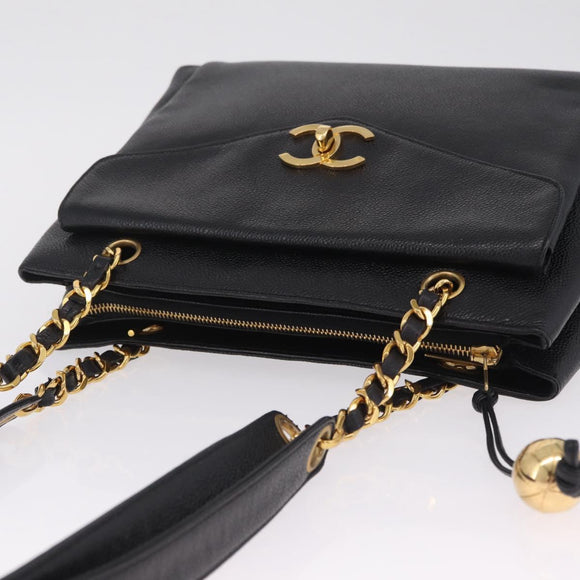 CHANEL Chain Shoulder Tote Bag Caviar Skin Black Gold CC Auth 213926V