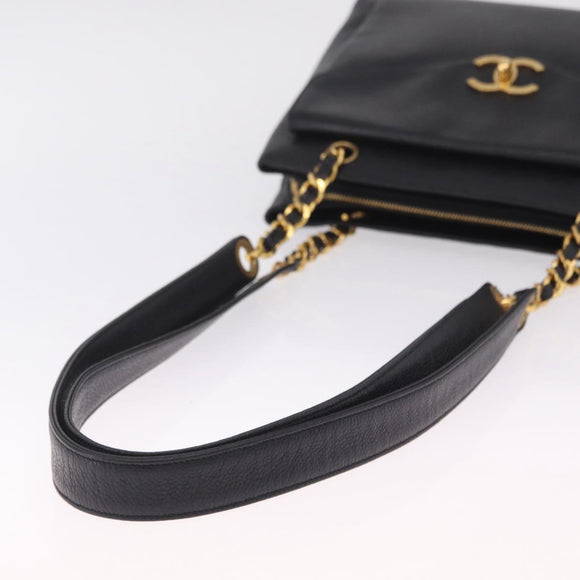 CHANEL Chain Shoulder Tote Bag Caviar Skin Black Gold CC Auth 213926V