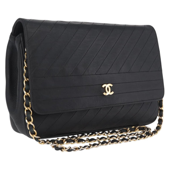 CHANEL Bias Stitch Chain Shoulder Bag Lamb Skin Black Gold CC Auth 213945A