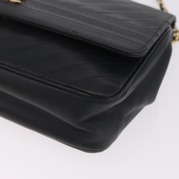 CHANEL Bias Stitch Chain Shoulder Bag Lamb Skin Black Gold CC Auth 213945A