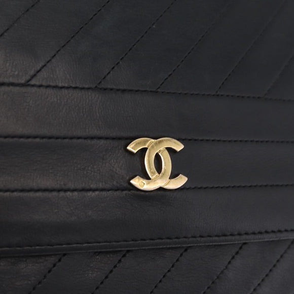 CHANEL Bias Stitch Chain Shoulder Bag Lamb Skin Black Gold CC Auth 213945A