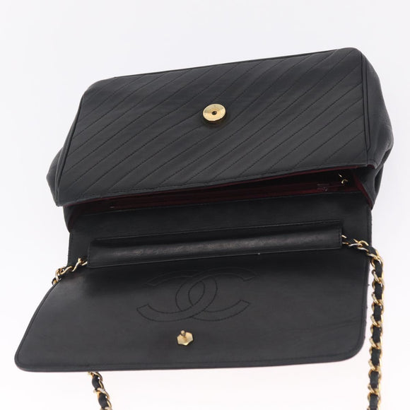 CHANEL Bias Stitch Chain Shoulder Bag Lamb Skin Black Gold CC Auth 213945A