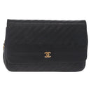 CHANEL Bias Stitch Chain Shoulder Bag Lamb Skin Black Gold CC Auth 213945A-2