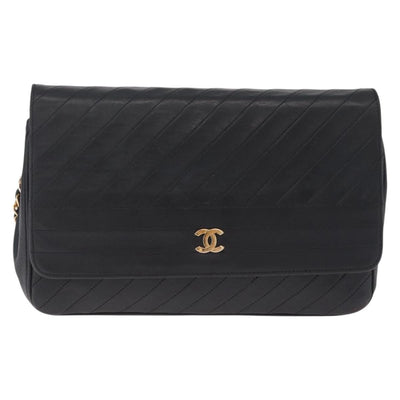 CHANEL Bias Stitch Chain Shoulder Bag Lamb Skin Black Gold CC Auth 213945A - 0