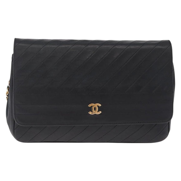 CHANEL Bias Stitch Chain Shoulder Bag Lamb Skin Black Gold CC Auth 213945A