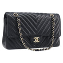 CHANEL Chevron V Stitch Chain Bag Lamb Skin Black Gold CC Auth 213946SAM-1