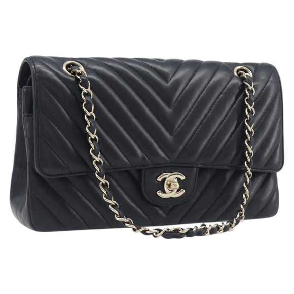 CHANEL Chevron V Stitch Chain Bag Lamb Skin Black Gold CC Auth 213946SAM