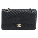 CHANEL Chevron V Stitch Chain Bag Lamb Skin Black Gold CC Auth 213946SAM-2
