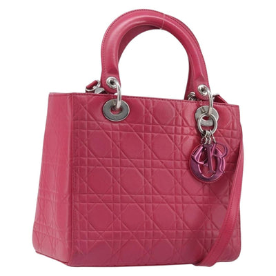 Christian Dior Canage Lady Dior Hand Bag Lamb Skin 2way Pink Silver Auth 213974A