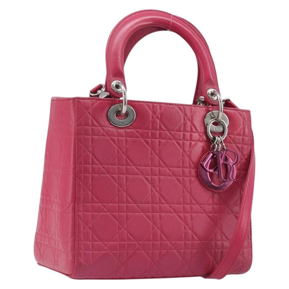 Christian Dior Canage Lady Dior Hand Bag Lamb Skin 2way Pink Silver Auth 213974A